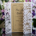Laser cut white lace wedding invitation with rustic brown kraft paper insert - White