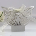 Laser-cut butterfly favor box in pearlescent white with elegant chiffon ribbon bow - Silver