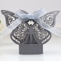 Laser cut butterfly wedding favor box in silver pearl paper with light blue ribbon - Silver Charcoal