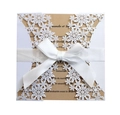 Detail of laser-cut snowflake invitation sleeve with brown card and white silk ribbon bow - Bowknot Decoration Style