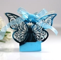 Dark blue laser-cut butterfly candy box with matching ribbon for wedding favors - Reflective Blue