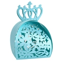 Light blue laser-cut crown wedding favor box with intricate floral hollow patterns - Tiffany Blue