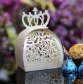Elegant laser-cut crown candy box in ivory white with detailed rose pattern for weddings - Ivory