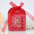 Elegant red hollow gift box with laser-cut cross pattern and organza bow decoration - Pearlescent Red