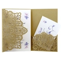 Laser cut golden mandala wedding invitation with floral insert and purple printing - Beige Gold