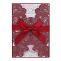 Elegant laser-cut burgundy wedding invitation with white floral card and red silk bow - Dark Red