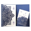 Navy blue laser-cut business invitation card with intricate mandala pattern and inner leaf - Magic Blue
