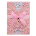 Elegant laser-cut pink wedding invitation with rose pattern, satin ribbon and inner card - Pink
