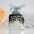 Elegant laser-cut silver hollow wedding favor box with cross design and satin ribbon - Reflective Silver