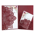Burgundy laser-cut wedding invitation set with floral inner card and RSVP card - Dark Red
