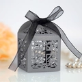 Elegant laser cut grey hollow cross candy box with black organza ribbon bow for weddings - Silver Charcoal