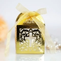 Elegant gold laser-cut wedding favor box with cross pattern and ribbon tie - Reflective Gold