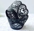 Intricate laser-cut heart pattern on black matte cupcake wrapper for wedding decor - Black