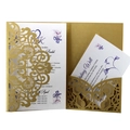 Goldene Laser-Cut-Hochzeitseinladung mit violetten Blumenkarten und eleganter Hülle - Beige Gold