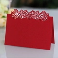 Elegant red laser-cut place card with floral patterns for weddings and special events - Pearlescent Red