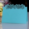 Teal laser-cut place card with elegant rose floral hollow design and glossy finish - Tiffany Blue
