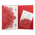 Elegant laser-cut red wedding invitation with intricate lace hollow design and white inner card - Pearlescent Red