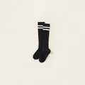 Classic black knee-high cotton socks for girls with white double stripes on ribbed texture - M / Black