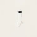 Classic white mid-calf cotton socks with double black stripes in a ribbed knit design - M / White