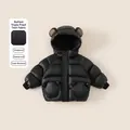 Kids black hooded puffer jacket with cute bear ears and waterproof three-proof fabric - Black / 80
