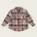 Distressed pink and purple plaid long sleeve shirt for boys with front pocket embroidery - Pink Plaid