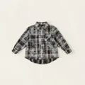 Kids long sleeve plaid shirt in gray and white with snowflake wash finish and chest pocket - Black Check