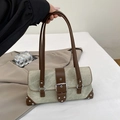 Vintage Segeltuchtasche in Salbeigrün mit braunem Leder und silbernen Nietendetails - Khaki