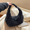 Chic black quilted puffy tote bag with pleated shoulder strap for autumn and winter - Black
