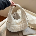Chic white pleated cloud tote bag with quilted nylon texture and hobo style shape - White