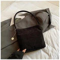 Minimalist black corduroy tote bag with silver chain pendant and soft texture finish - Black