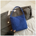 Retro royal blue corduroy tote bag for women with stylish silver metallic pendant - Blue