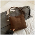 Coffee brown corduroy shoulder bag with retro minimalist design and metal charm - Brown
