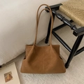 Detail view of large brown leather tote bag showing soft pleated side and long shoulder straps - PU Brown Without Pendant