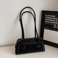 Minimalist black suede underarm pillow bag with white contrast stitching and dual zippers - No Pendant / Black