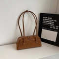 Minimalist caramel brown suede underarm bag with white stitching and long dual straps - No Pendant / Brown