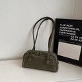 Olive green suede underarm pillow bag with white contrast stitching and long straps - No Pendant / Green