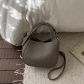 Taupe pebbled leather bucket bag with top handles and adjustable shoulder strap - Grey (Without Pendant)