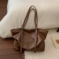 Large dark brown tote bag with decorative eyelet straps and vintage leather texture - Brown (Without Pendant)