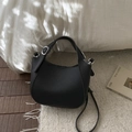 Fashionable black lychee grain leather bucket bag with silver hardware and shoulder strap - Black (No Pendant)