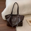 Minimalist large brown tote bag in matte leather with adjustable shoulder strap - No Pendant / Coffee
