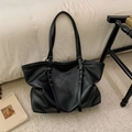 Minimalist large black tote bag in soft PU leather with adjustable silver eyelet straps - No Pendant / Black
