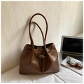 Sac fourre-tout minimaliste en cuir marron foncé avec boucle dorée pour le travail - Brun Sans Pendentif