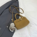 Vintage mustard yellow leather handbag with stylish fuzzy bunny charm and silver buckle - With Charm / Brown