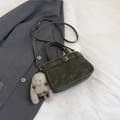 Vintage dark green crossbody bag with silver buckle and plush bunny charm on fabric - With Charm / Green