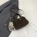 Retro dark brown suede handbag with decorative buckle and cute plush charm detail - With Charm / Brown
