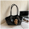 Large black French tote bag in premium PU leather with cute bear charm and office props - With Charm / Black