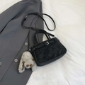 Retro black leather handbag with white contrast stitching and a cute plush rabbit charm - With Charm / Black