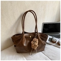 Dark brown leather tote bag with shoulder strap and a cute plush bear charm - With Charm / Brown