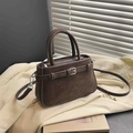 Vintage dark brown crossbody bag with matte leather finish and white stitching details - No Pendant / Brown