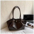 Large dark brown matte leather tote bag with elegant pleats and minimalist metal buckle - No Pendant / Brown